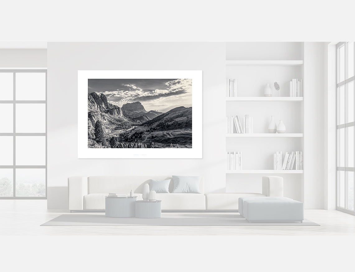 The Dolomites Passo Gardena - black and white cycling photography prints by davidt. Gifts for cyclists - 
