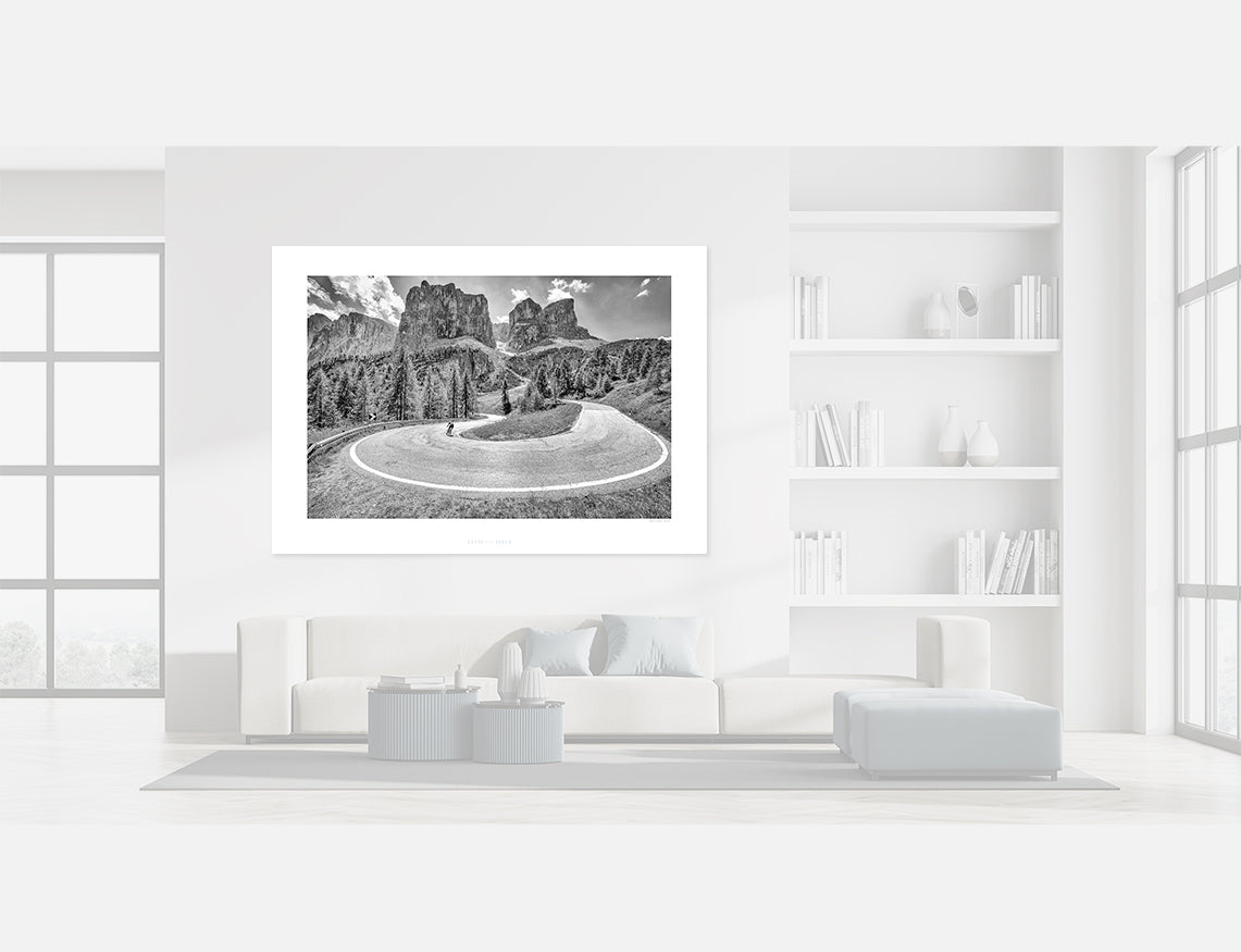 Passo Gardena - Hairpin - Black and white photography prints, gifts for cyclists. The Dolomites. Cycling Art. Unique gifts for cyclists.