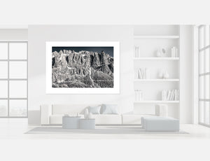 The Dolomites Passo Gardena - The Wall black and white cycling photography prints for your pain cave, home and office by davidt. Outside is free.