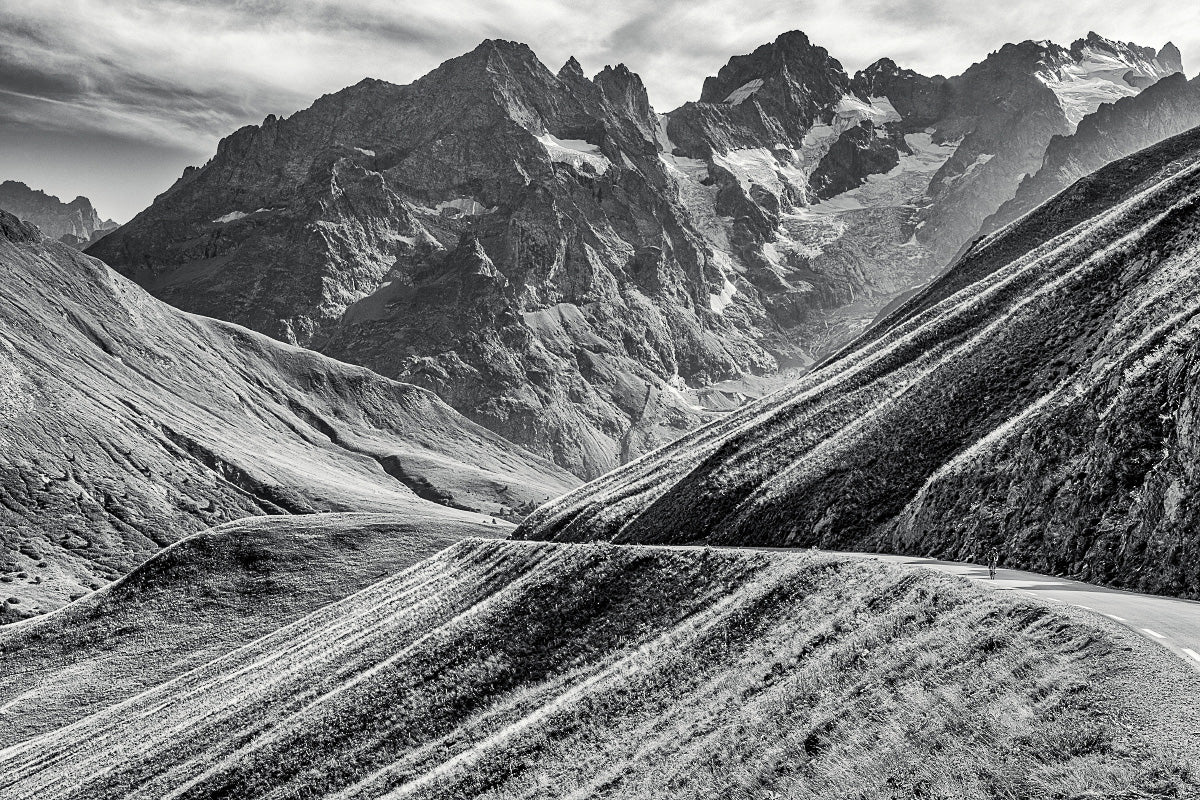 Unique gifts for cyclists. Cycling prints. Col du Galibier Southside B&W Limited edition photography print by davidt