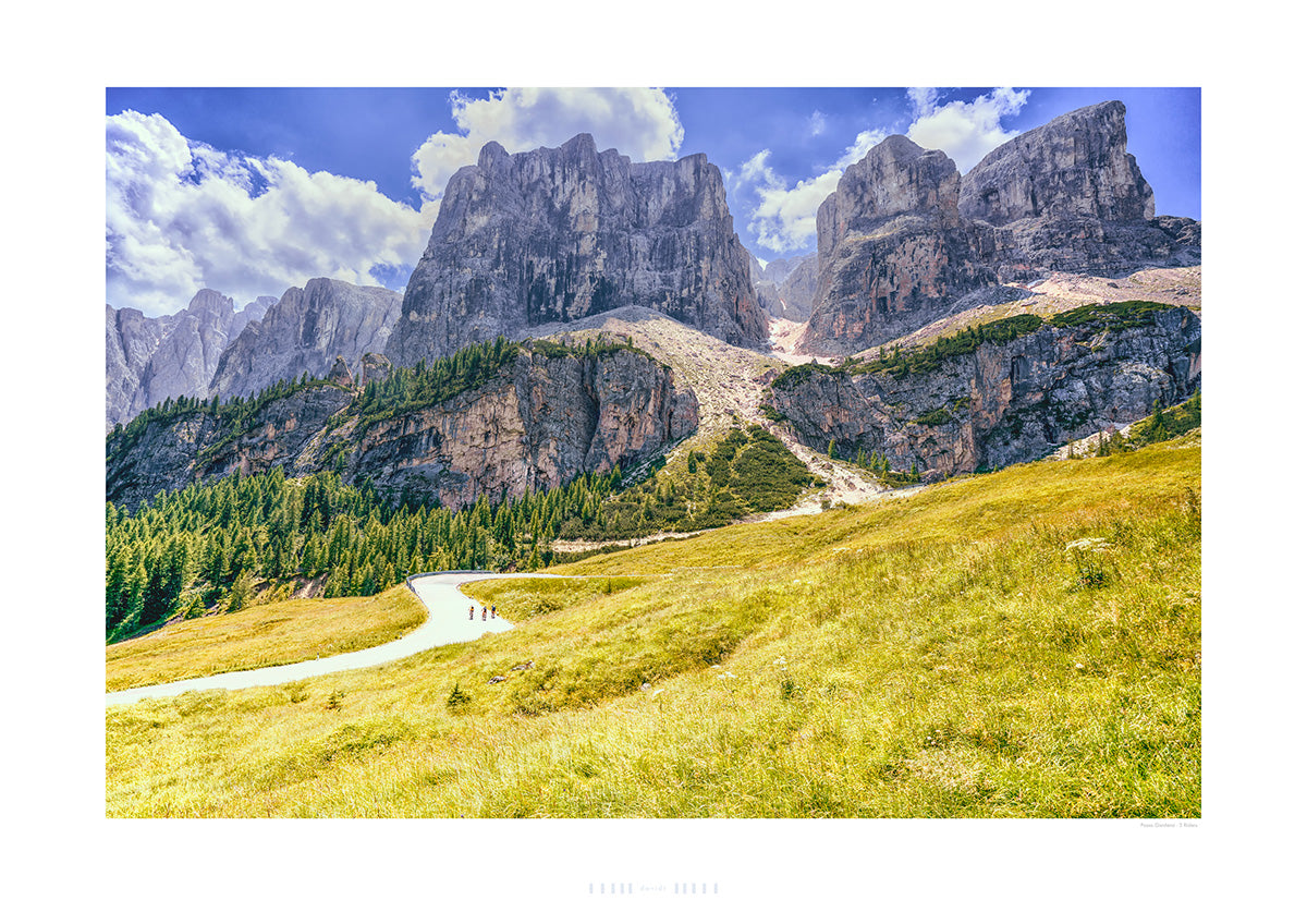 3 Riders - Passo Gardena The Dolomites. Gifts for cyclists, cycling photography prints by davidt. Cycling art. Cycling pictures