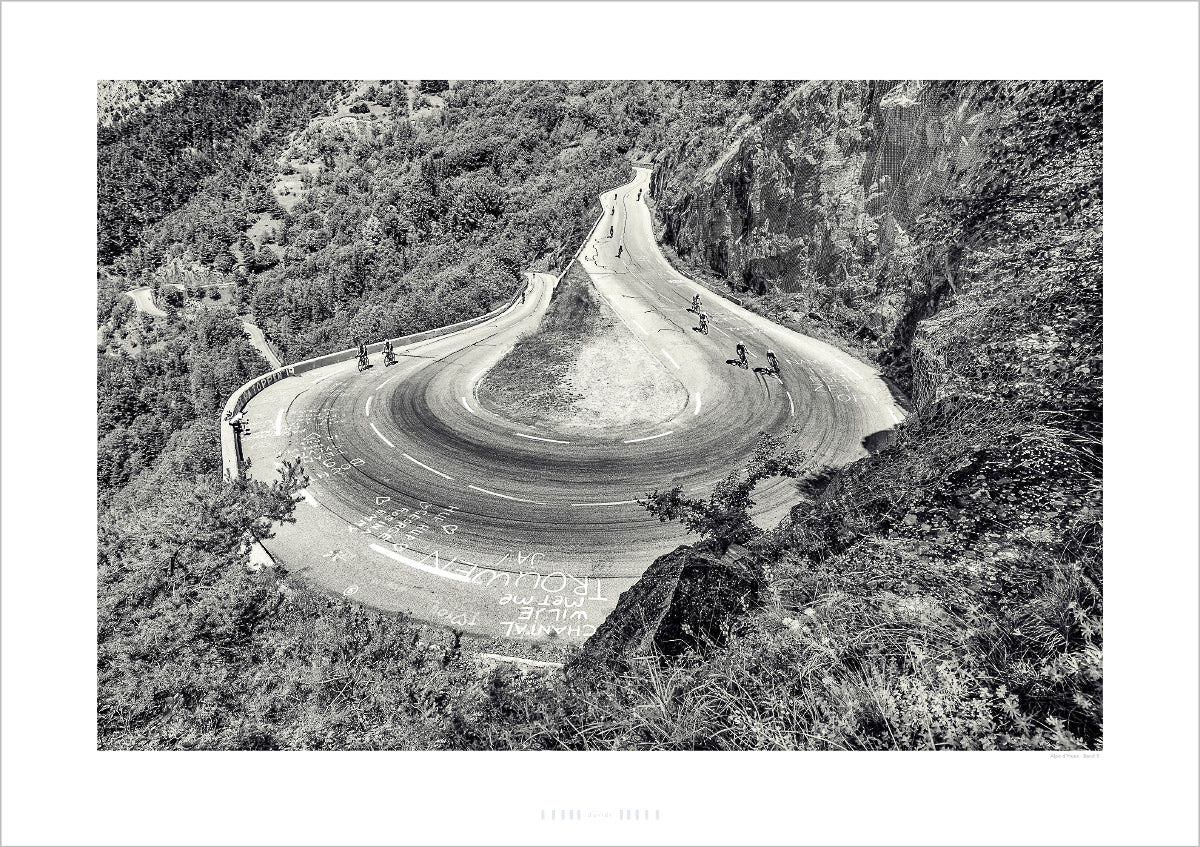 Gifts for Cyclists - Alpe d'Huez Bend 9 - Black & White photography prints. One of the Great Cycling Road Climbs for your home, office and pain cave by davidt.