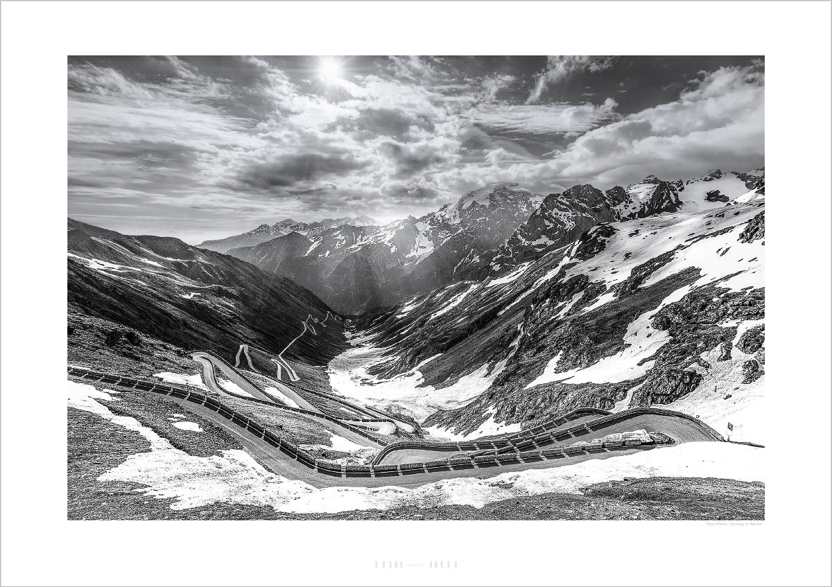 Gifts for Cyclists - Stelvio Pass - Stairway to Heaven. Black and White. One of the Great Cycling Road Climbs for home and work. Fine art cycling photography by davidt