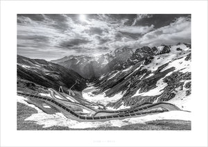 Gifts for Cyclists - Stelvio Pass - Stairway to Heaven. Black and White. One of the Great Cycling Road Climbs for home and work. Fine art cycling photography by davidt