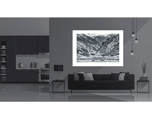 The Road Down to Bormio - b & w black and white cycling photography print displayed in modern living room decor.