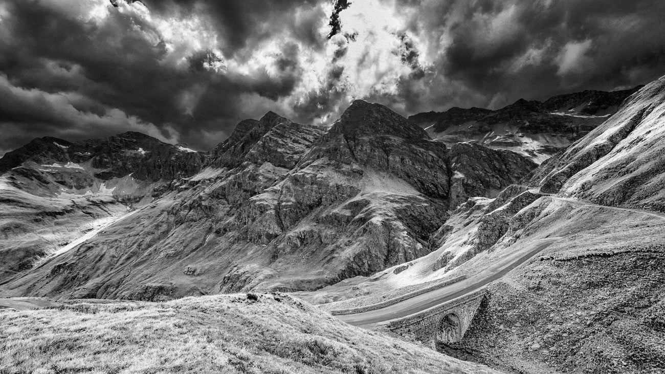 Col de I'Iseran The Bridge - black and white cycling landscape photography prints by davidt.