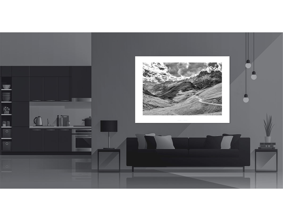 Gifts for Cyclists. Col de la Croix de Fer B&W. Cycling Art by davidt. Cycling photography prints of the Great Cycling Climbs in colour and black & white fine art photography prints. Unique cycling gifts