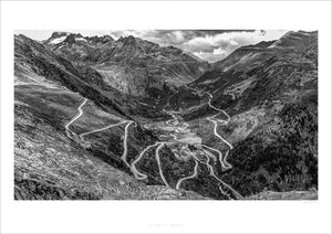 Grimsel & Furka Pass. Gifts for cyclists, cycling photography of the Great Cycling Road Climbs by davidt. Perfect for your pain cave, office and home.