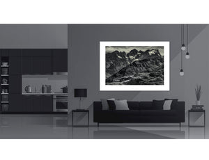 Col du Galibier & La Meije Limited Edition Cycling Photo Print displayed in a modern living room.