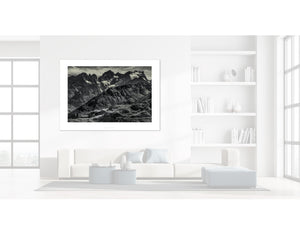 Col du Galibier & La Meije Limited Edition Cycling Photo Print displayed in a modern white living room.