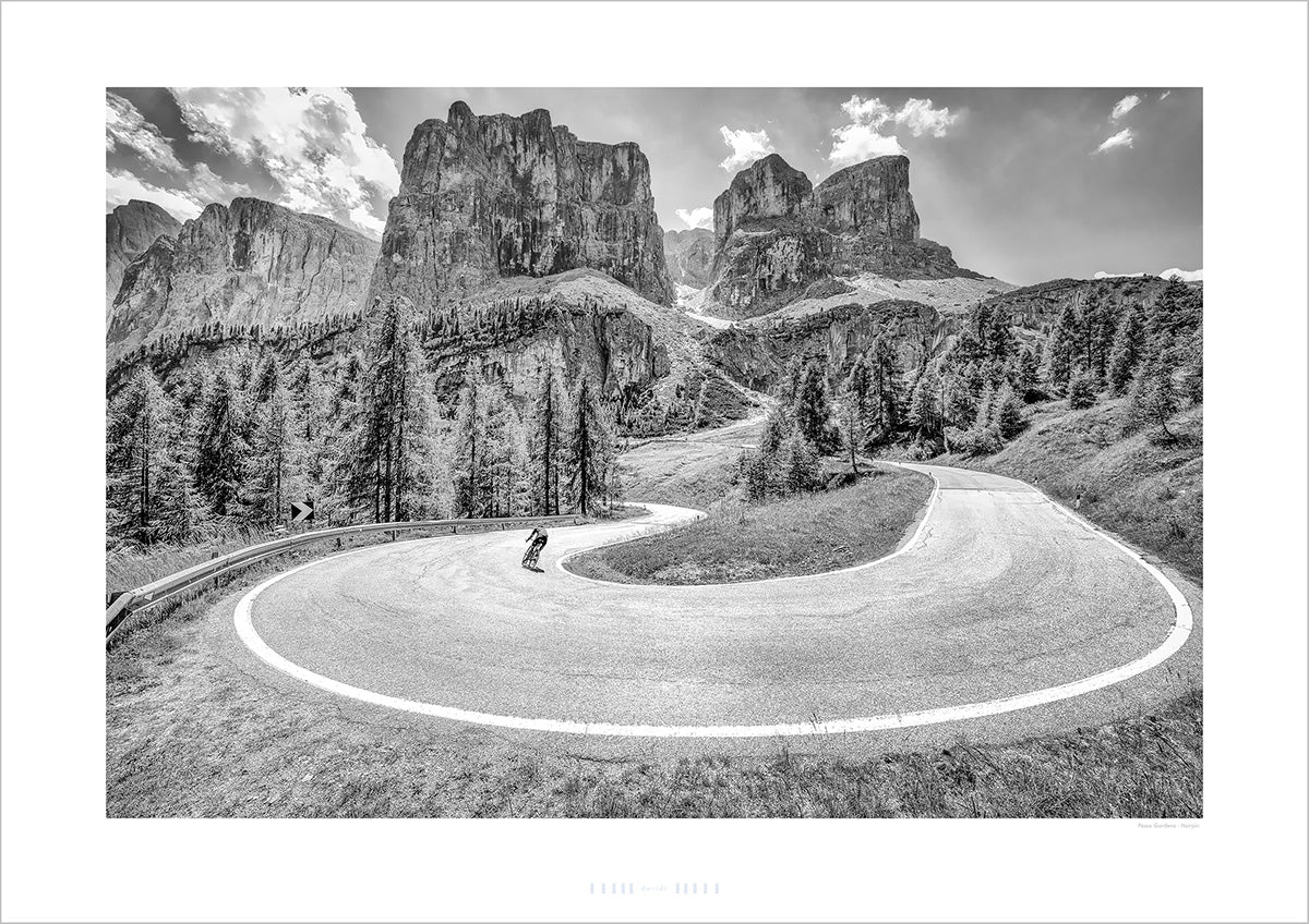 Passo Gardena - Hairpin b & w. Black and white photograph of a winding road in a mountainous landscape.