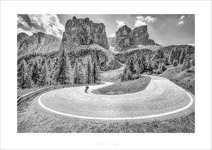 Passo Gardena - Hairpin - Black and white cycling prints The Dolomites. Cycling Art. Unique gifts for cyclists.