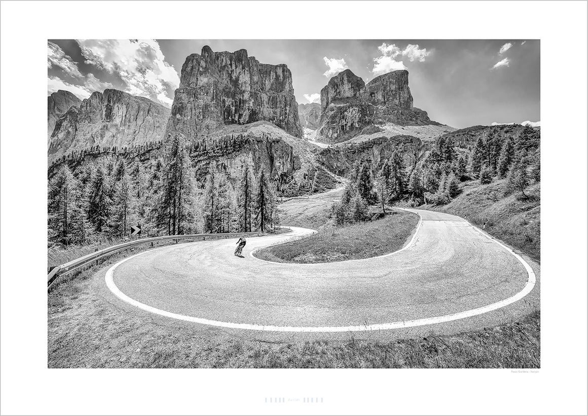 Passo Gardena - Hairpin b & w. Black and white photograph of a winding road in a mountainous landscape.