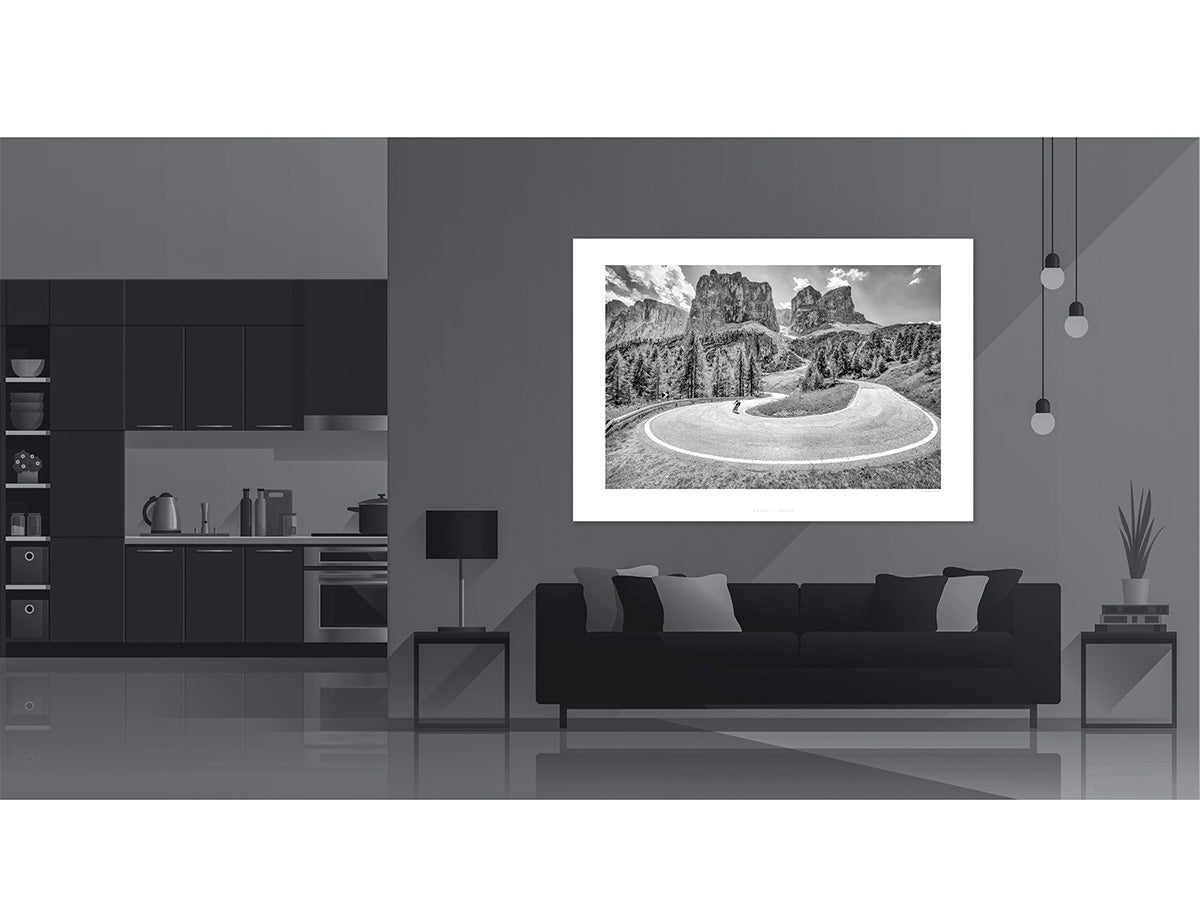 Passo Gardena Hairpin B&W cycling prints The Dolomites. Cycling Art. Unique gifts for cyclists.