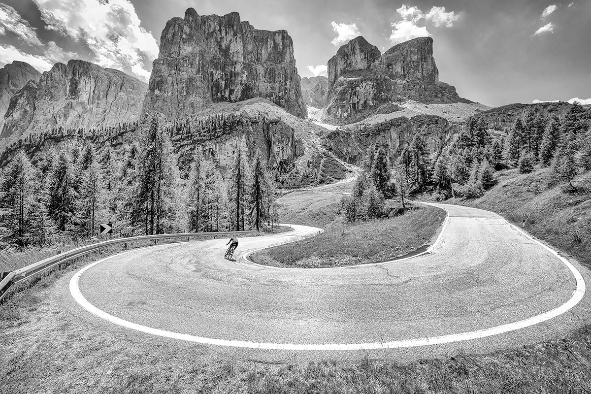 Passo Gardena - Hairpin - Black and white photography gifts for cyclists. The Dolomites. Cycling Art. Unique gifts for cyclists.