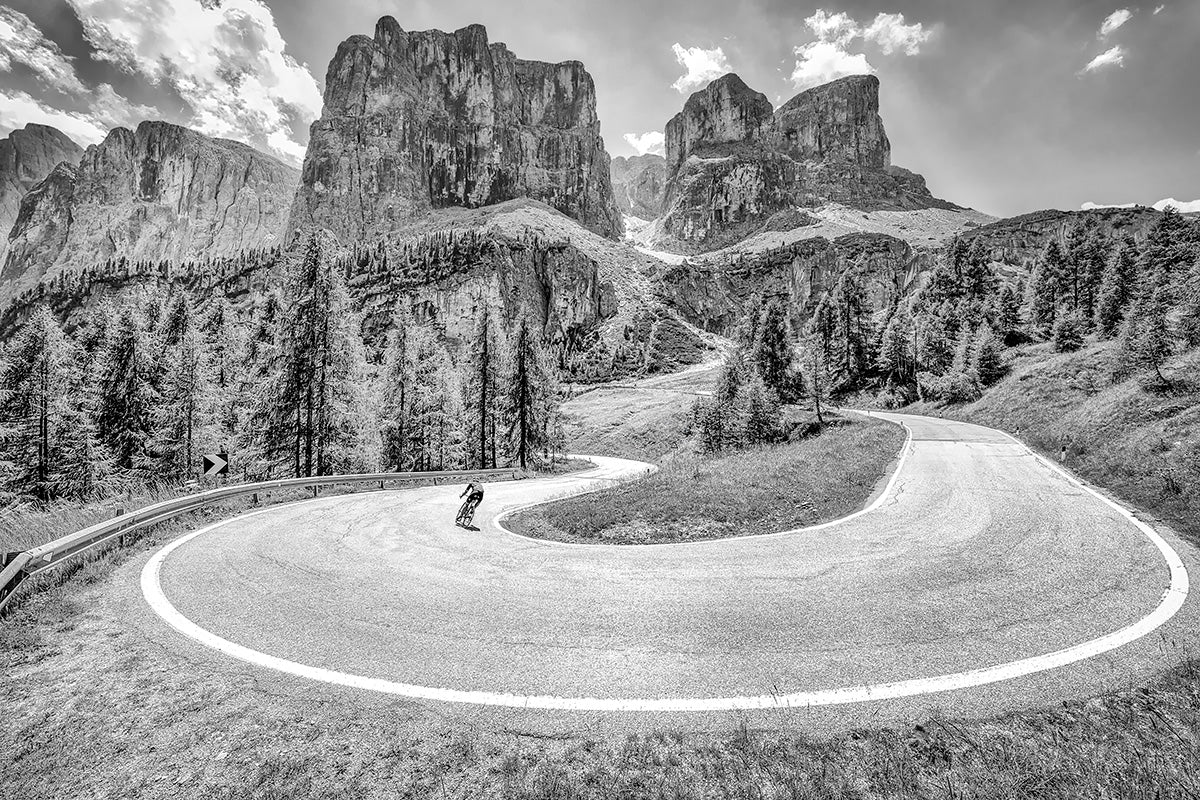 Passo Gardena - Hairpin - Black and white cycling prints The Dolomites. Cycling Art. Unique gifts for cyclists.