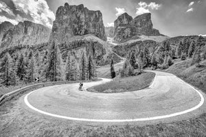 Passo Gardena - Hairpin - Black and white photography gifts for cyclists. The Dolomites. Cycling Art. Unique gifts for cyclists.