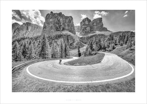 Passo Gardena - Hairpin Black and white photography gifts for cyclists. The Dolomites. Cycling Art. Unique gifts for cyclists.