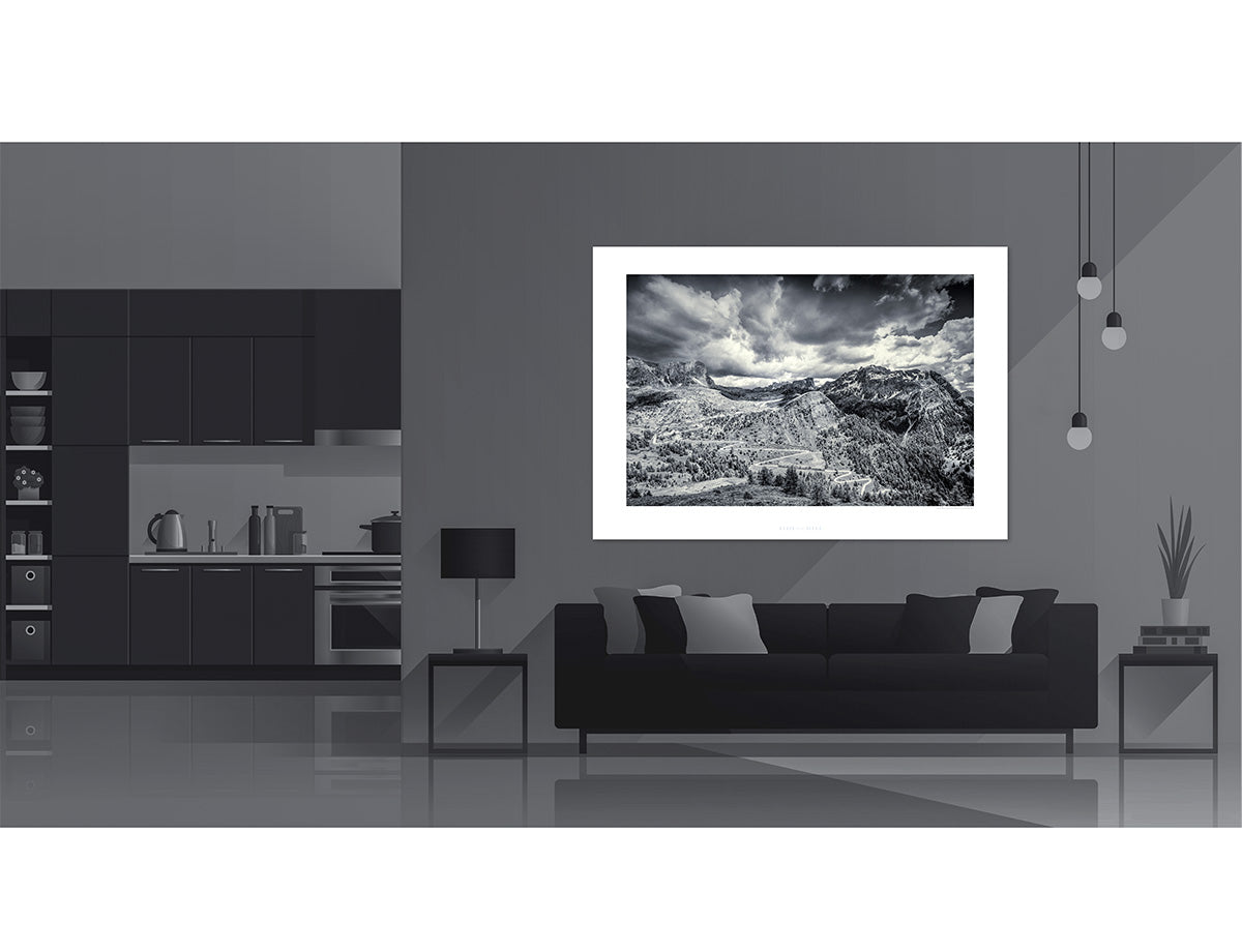 Passo Giau - Selva di Cadore - Limited Edition - Black and white duotone cycling photography print 