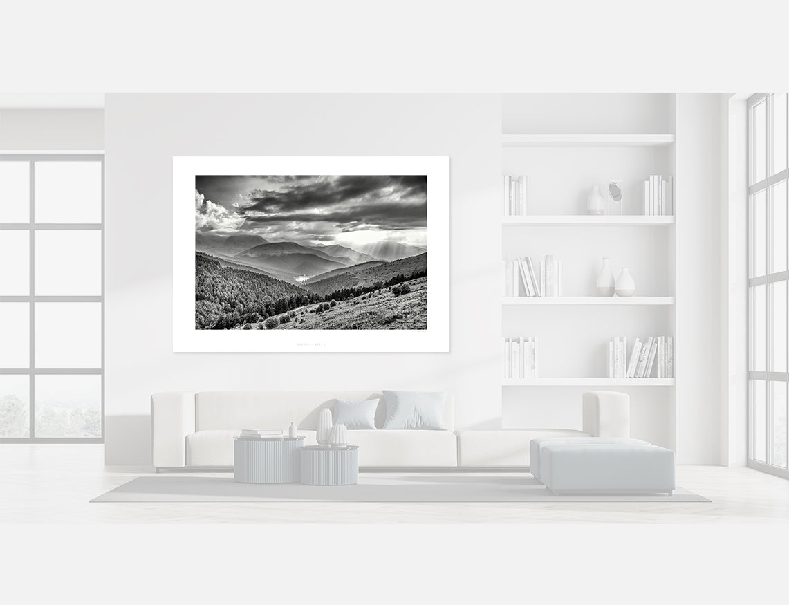 Col d'Aspin - Early morning b & w print displayed in modern living room decor.