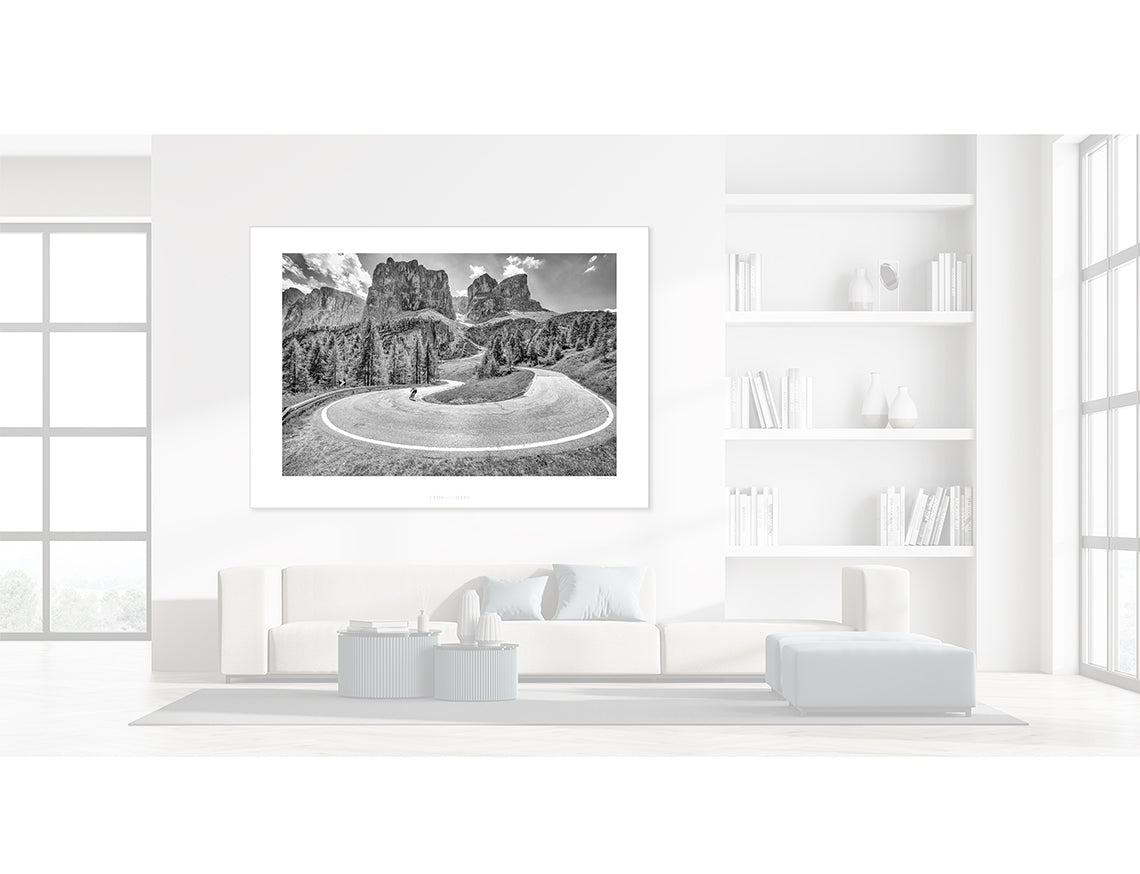Passo Gardena - Hairpin - Black and white photography gifts for cyclists. The Dolomites. Cycling Art. Unique gifts for cyclists by davidt