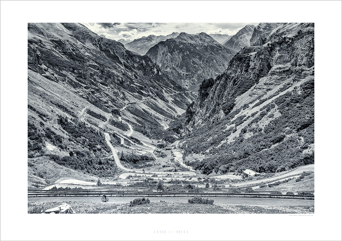 Cycling Art - The Stelvio the road down to Bormio - Black and White cycling photography. Great Cycling Climbs by davidt. 
