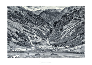 Cycling Art - The Stelvio the road down to Bormio - Black and White cycling photography. Great Cycling Climbs by davidt. 