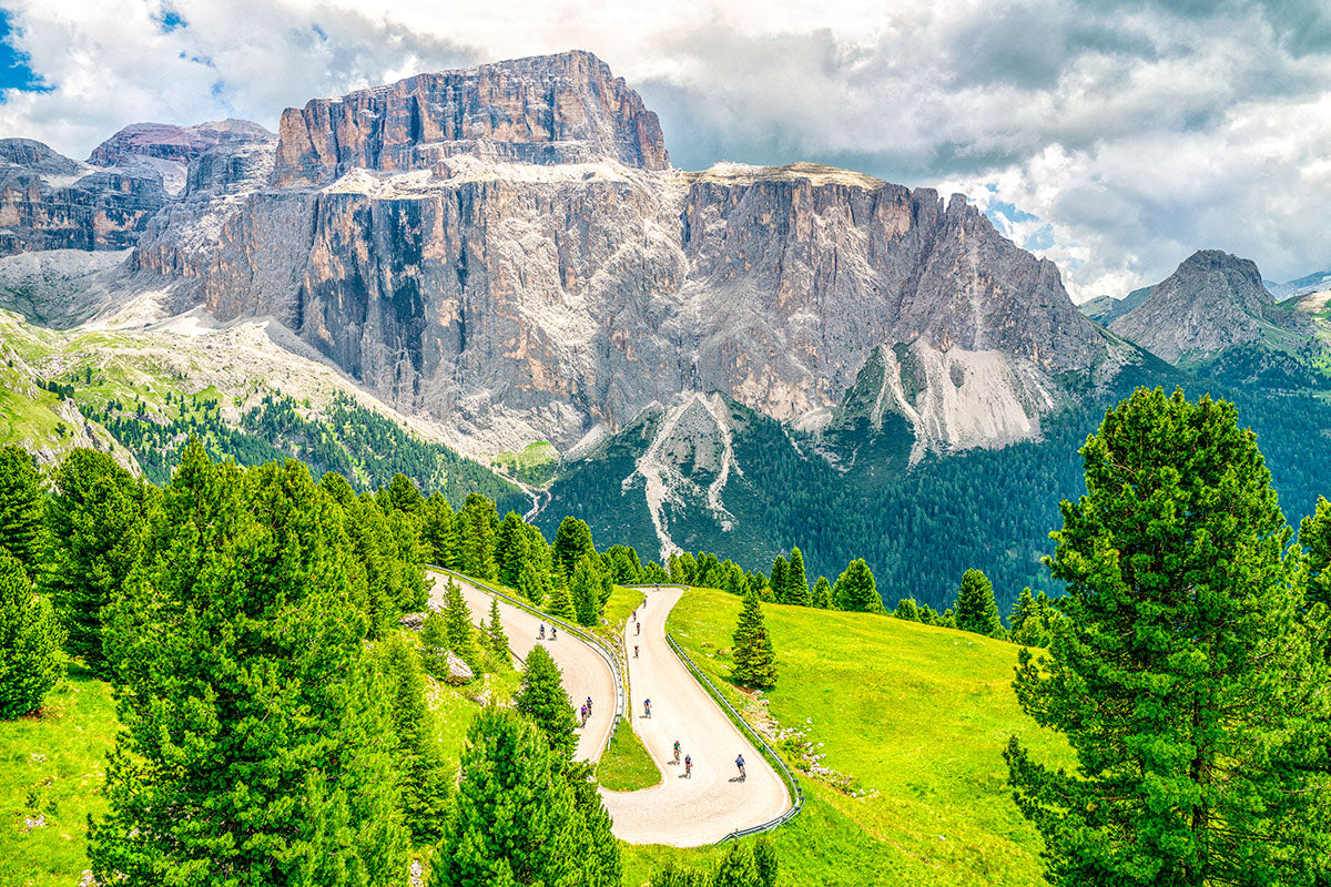 Passo Sella - On the Shoulders of Giants. Cycling prints. Cycling Art. Gifts for cyclists. Passo Sella The Dolomites.