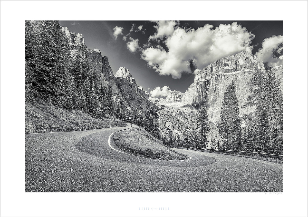 Passo Sella - Climbing_Giants - Limited Edition - Black and White cycling photography print by davidt