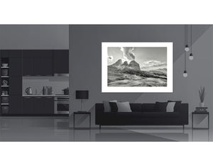 Passo Sella - Black and White duotone artwork displayed in a modern living room setting.