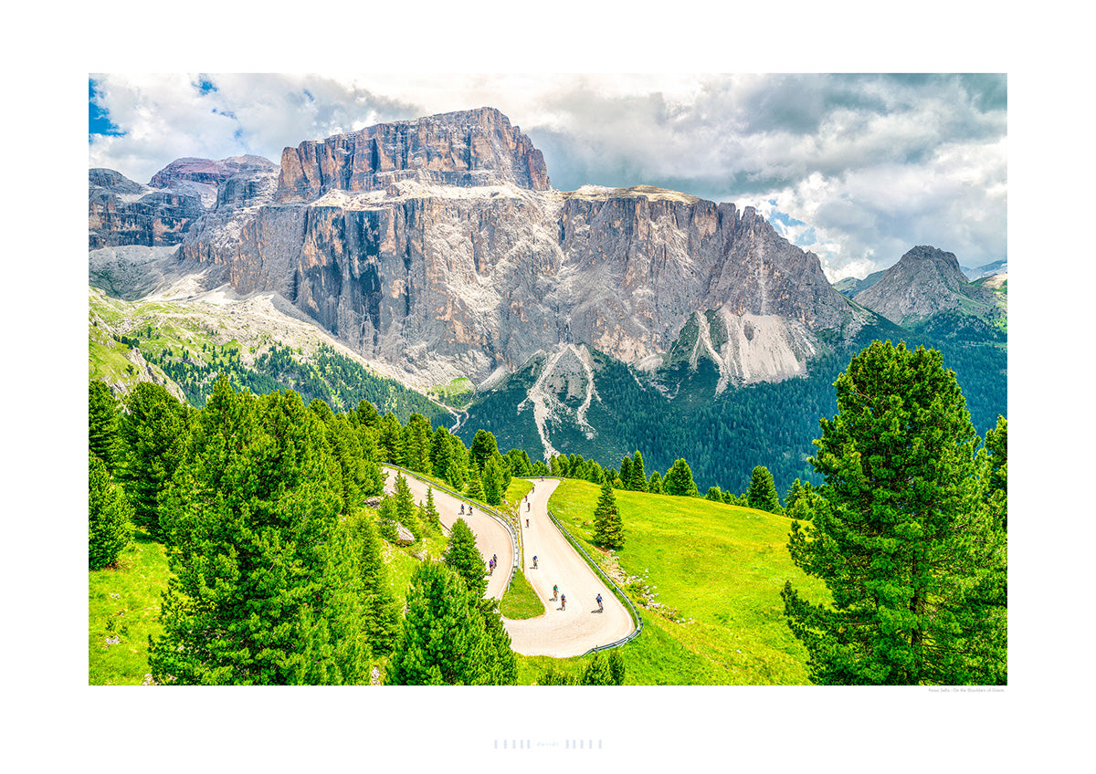 Passo Sella - On the Shoulders of Giants. Cycling prints. Cycling Art. Gifts for cyclists. Passo Sella The Dolomites by davidt