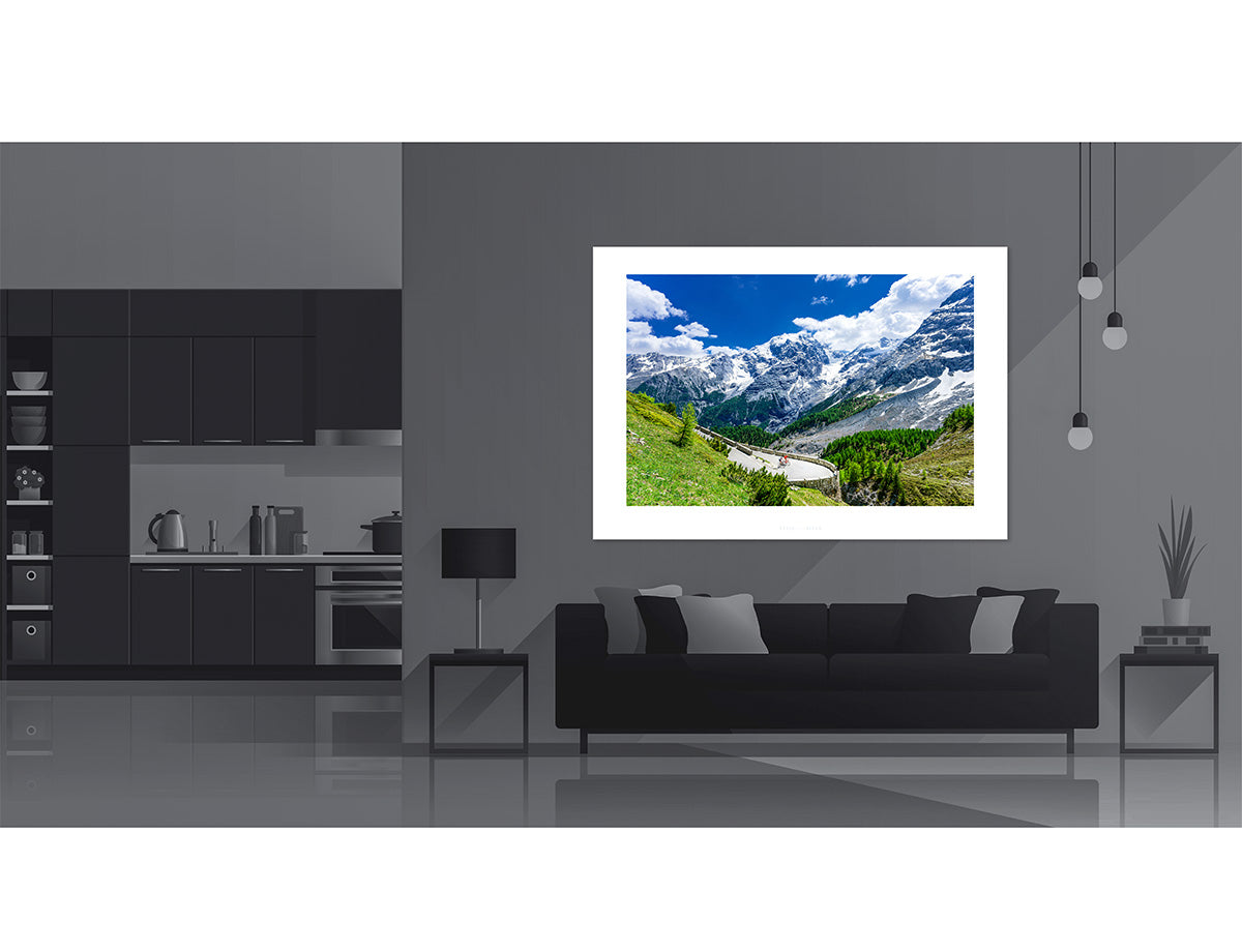 Stelvio Pass - The Classic Side landscape photography print showcased in a modern kitchen living room setting.