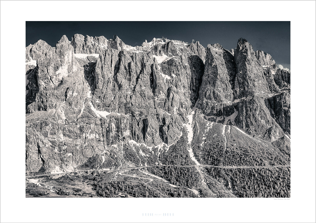Gifts for cyclists - The Dolomites Passo Gardena - The Wall black and white cycling photography prints for your pain cave, home and office by davidt