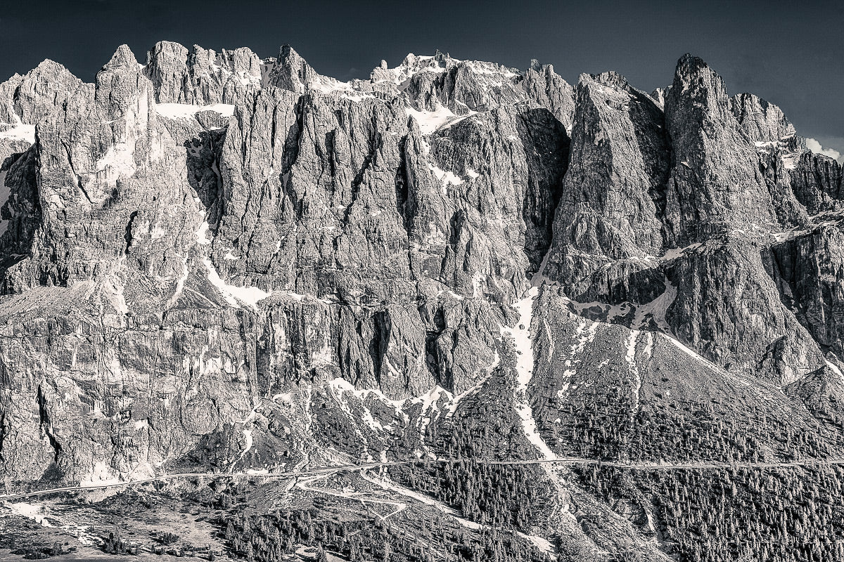 Gifts for cyclists - The Dolomites Passo Gardena - The Wall black and white cycling photography prints for your pain cave, home and office by davidt. Outside is free.