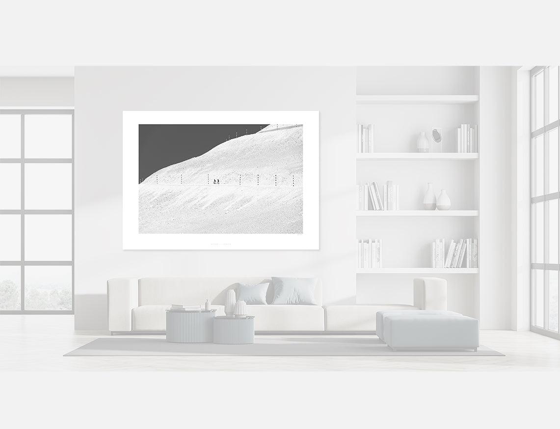 Mont Ventoux - 2 Riders set against the sunlight slopes of Mont Ventoux - b&w - Dark - Cycling photography prints and photos by davidt.