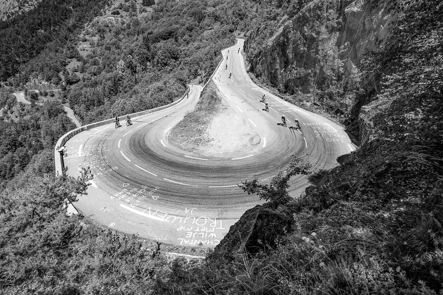 Alpe d'Huez Bend 9 - b & w Premium Stock by davidt. Unique gifts for cyclists. Cycling prints