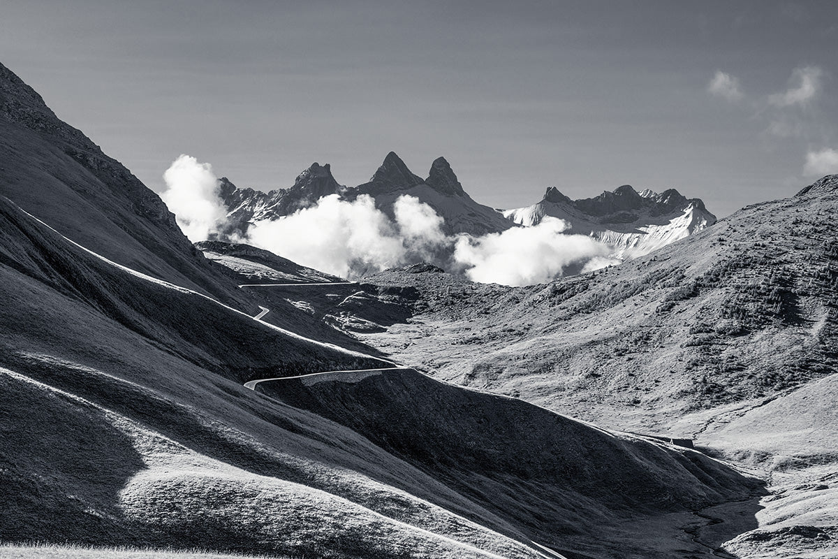 Col de la Croix de Fer B&W. Gifts for Cyclists Cycling Art by David Tedman. Cycling photography prints of the Great Cycling Climbs in colour and black & white fine art photography prints.
