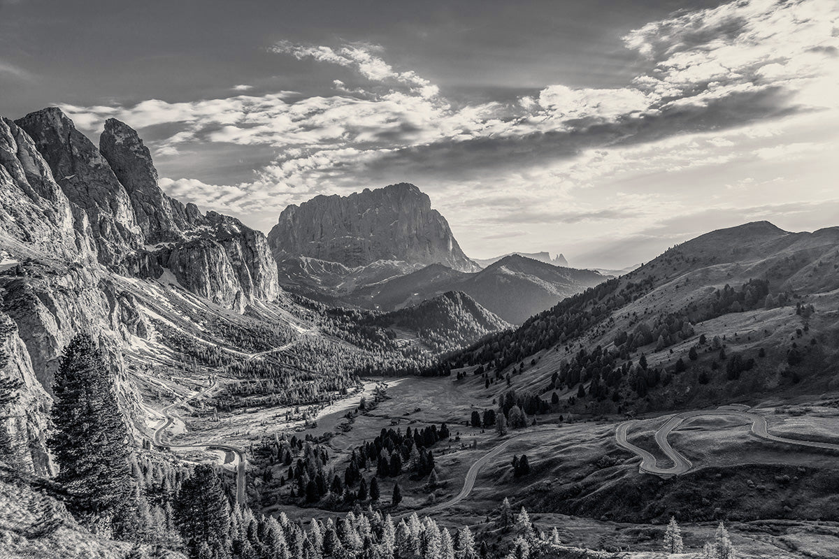 Gifts for cyclists - The Dolomites Passo Gardena - black and white cycling photography prints by davidt