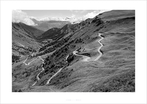 Gifts for Cyclists. Col du Glandon Bends. Cycling Art by David Tedman. Cycling photography prints of the Great Cycling Climbs in colour and black & white fine art photography prints. Unique cycling gifts for cyclists. Perfect for Father's Day, Mother's Day, Christmas Day or birthday days