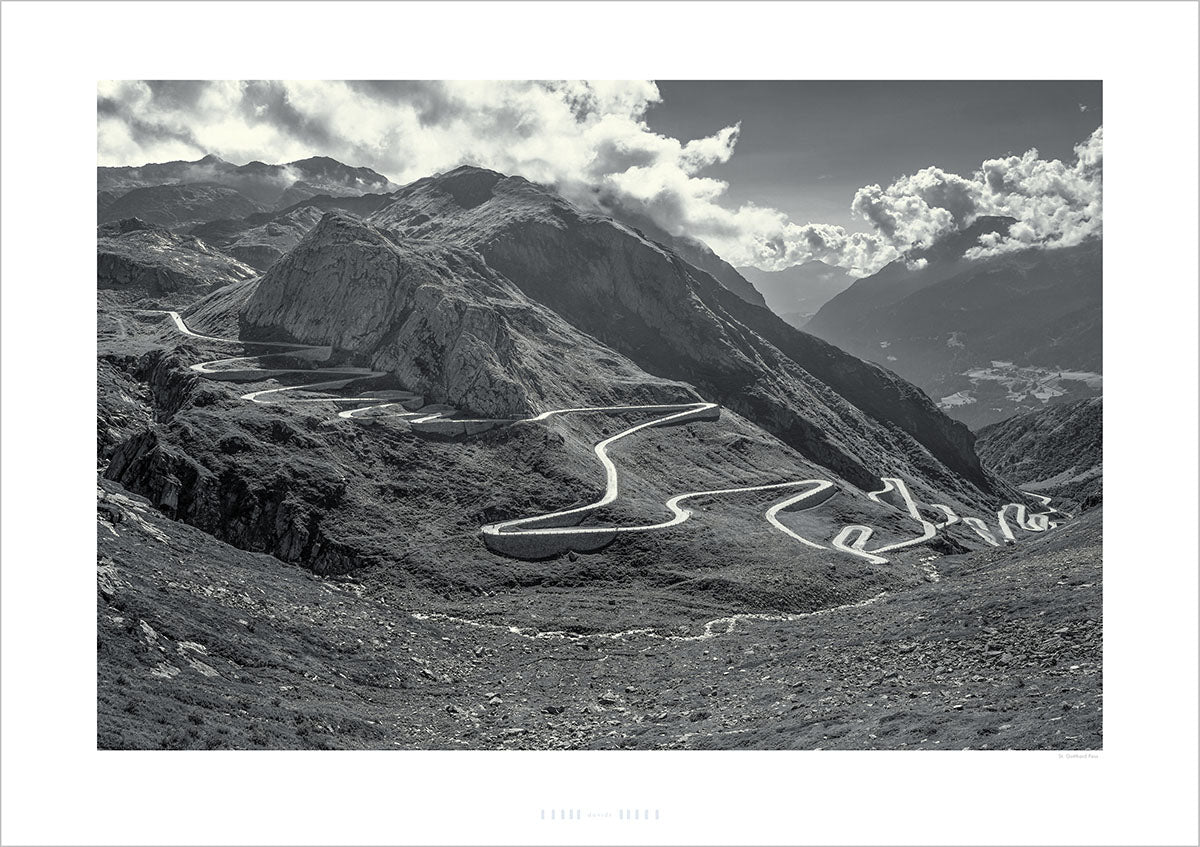 St. Gotthard Pass - Black and White Gifts for Cyclists - The Great Cycling Road Climbs by davidt. For your home, office and pain cave.