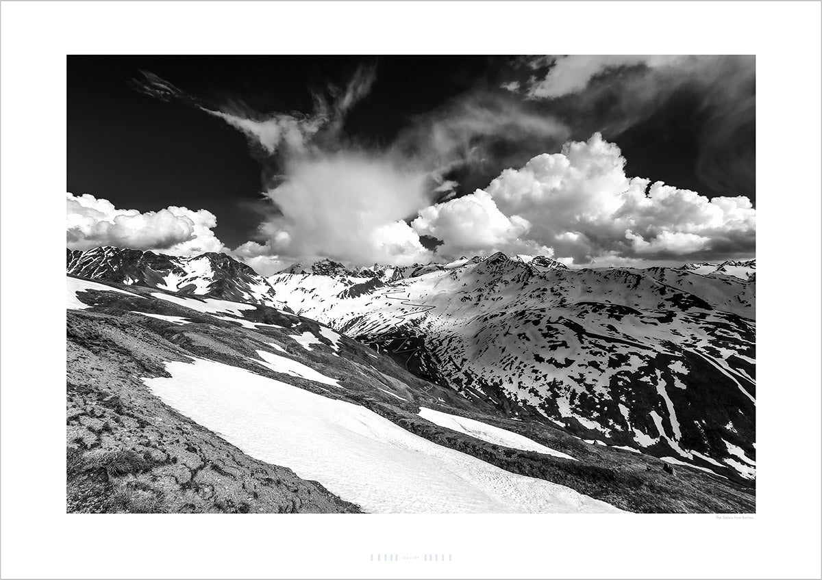 Cycling Art - The Stelvio from Bormio - Black and White cycling photography. Great Cycling Climbs by davidt. Cycling Art for your home, office and pain cave.