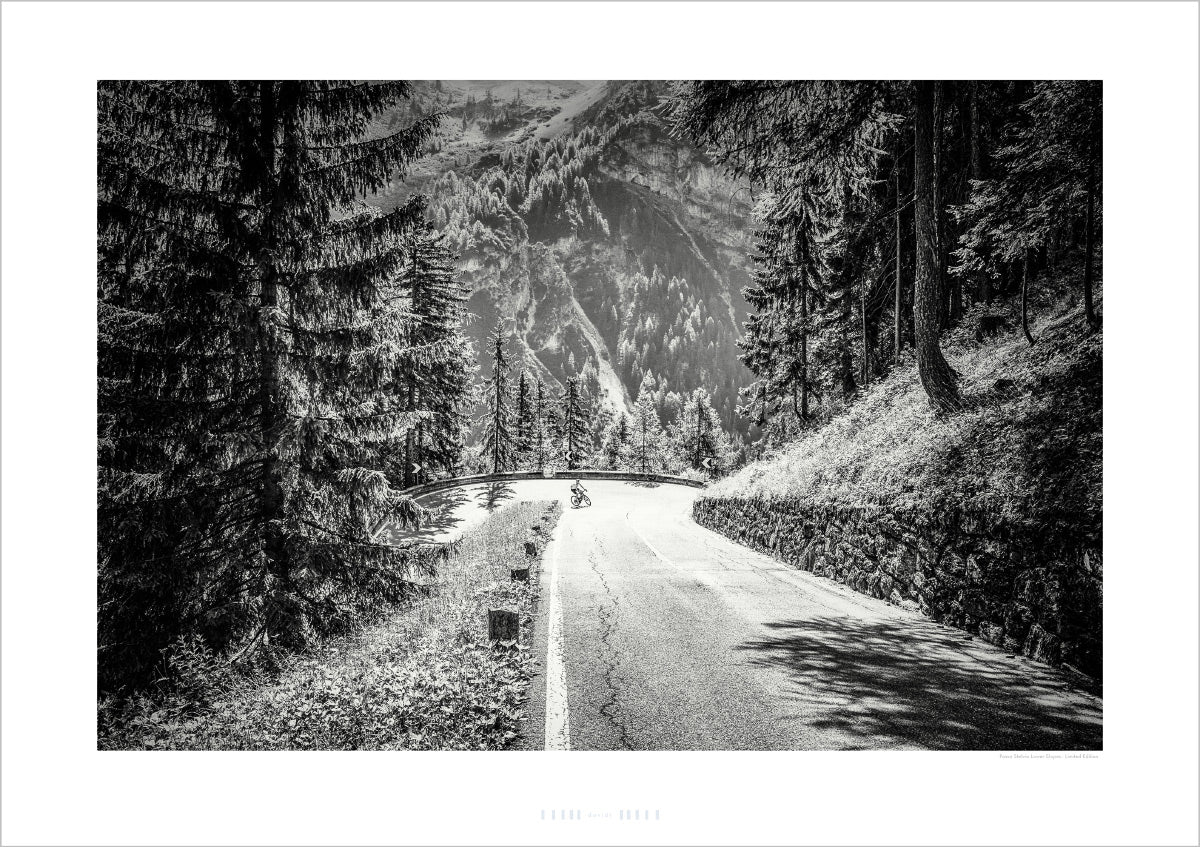 Gifts for cyclists, Passo Stelvio - Lower Slopes - Limited Edition - Black and white duotone cycling photography print by davidt. 